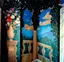 Private home mural conservation - nighttime garden scene with classical urns, flowers and landscape views professionally restored on interior walls