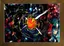Abstract expressionist painting - dynamic cosmic composition with swirling energy forms in red, blue and gold on canvas