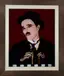 Halftone dot portrait of man in black hat with red background and film deterioration aesthetic