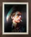 Deteriorating film portrait showing figure with cigarette against dark cosmic background