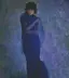 Portrait subject in elegant blue evening gown and fur hat against moody blue textured backdrop, showcasing dramatic lighting effects and atmospheric backdrop rental options
