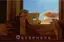 Hand-painted scenic backdrop featuring ancient Roman or Greek columns with warm golden lighting and distant landscape vista, available for rental or purchase