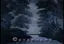 Moody forest landscape backdrop featuring tall trees silhouetted against misty evening sky, creating atmospheric depth for dramatic scenes