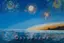 Tropical beach sunset backdrop with colorful fireworks display over ocean horizon, vibrant celebration scene backdrop for events and productions